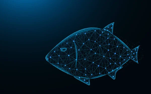 魚の低いポリデザイン、水生動物抽象幾何学的イメージ、水中世界のワイヤーフレームメッシュポリゴンベクトルイラストは、濃い青色の背景の点と線から作られました — ストックベクタ