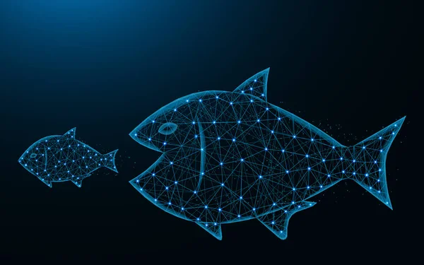 Les gros poissons mangent une petite image géométrique abstraite de prédateur et de proie, une illustration vectorielle polygonale en treillis métallique du monde sous-marin réalisée à partir de points et de lignes sur fond bleu foncé — Image vectorielle