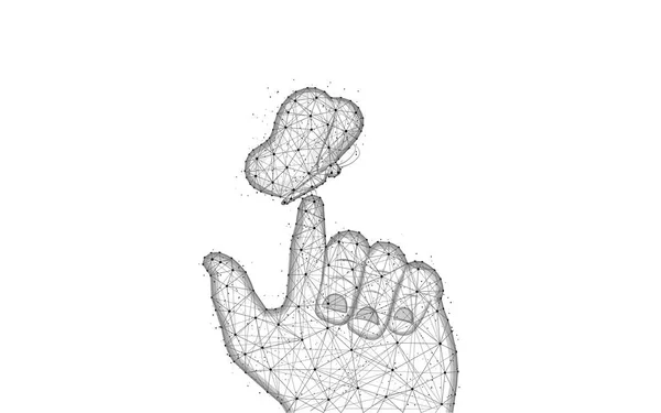 Butterfly on mans finger low poli design, immagine geometrica astratta falena, rete wireframe umana e insetto illustrazione vettoriale poligonale fatta da punti e linee su sfondo bianco — Vettoriale Stock