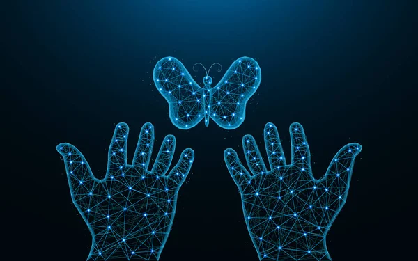 蝶の低いポリデザイン、蛾の抽象的な幾何学的イメージ、人間の手および昆虫のワイヤーフレームメッシュのポリゴンベクトルのイラストを暗い青色の背景の点および線から解放する — ストックベクタ