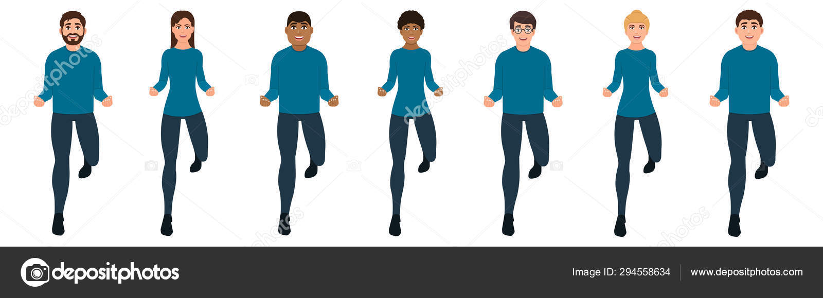 People jumping or running front view, happy characters icon set in