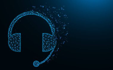 Mikrofonlu kulaklık düşük poli tasarım, kulaklık soyut geometrik görüntü, destek tel örgü poligonal vektör illüstrasyon noktaları ve koyu mavi backgr üzerinde çizgiler yapılmış