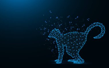 Lemur düşük poli tasarım, Afrika hayvan soyut geometrik görüntü, hayvanat bahçesi tel kafes örgü poligonal vektör illüstrasyon noktaları ve koyu mavi arka plan üzerinde çizgiler yapılmış