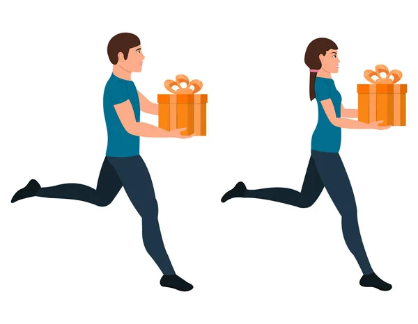 Running Guy und Girl Charakter in einem flachen Stil, Mann und Frau und Geschenk-Box Vektor Illustration auf weißem Hintergrund — Stockvektor