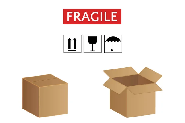 Boîtes en carton ensemble d'icônes, illustration vectorielle de marchandises fragiles — Image vectorielle