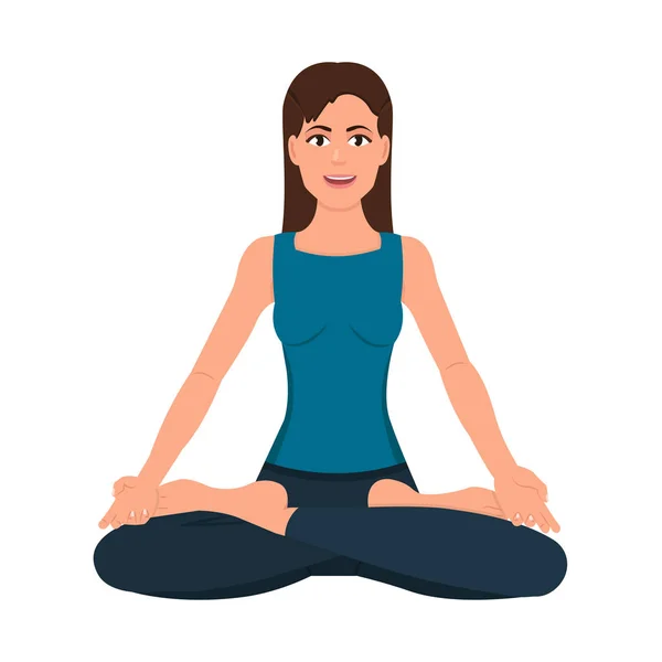 Дівчина сидить у положенні лотоса плоска ікона, жінка робить йогу або медитацію Векторні ілюстрації — стоковий вектор