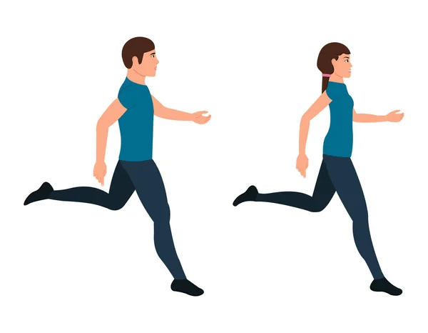 Running Guy und Girl Charakter in einem flachen Stil, Mann und Frau in Eile Vektor Illustration auf weißem Hintergrund — Stockvektor