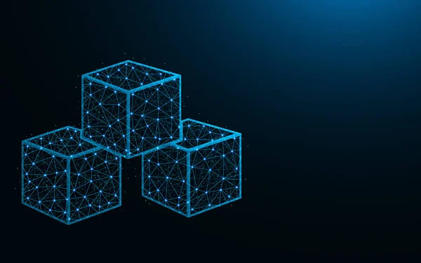 Cubes low poly design, sugar abstract geometric image, ice cube wireframe mesh polygonal vector illustration made from points and lines on dark blue background — Stock Vector