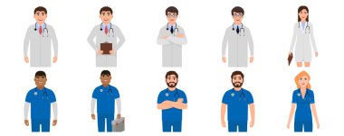 Erkek ve kadın doktorlar avatarlar simgeler seti, karikatür tarzında tıbbi personel karakterleri, vektör illüstrasyon