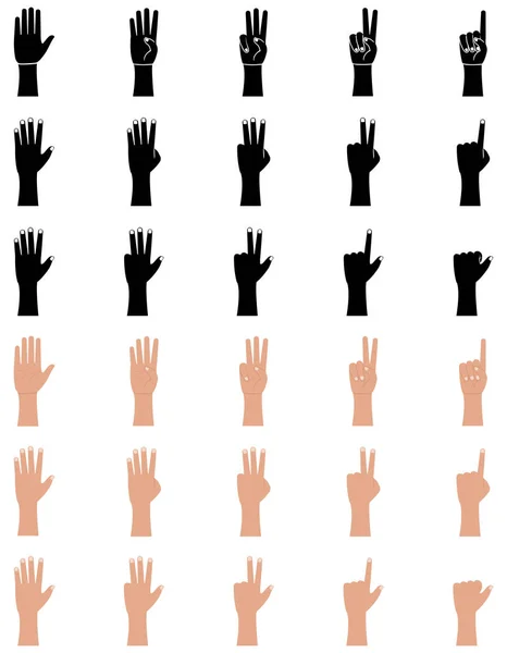 Ikony gestów ręcznych ustawione w stylu płaskiego i glifu. Dłoń i nadgarstek. Jeden, dwa, trzy, cztery, pięć palców, zliczanie ilustracji wektorowych na białym tle — Wektor stockowy