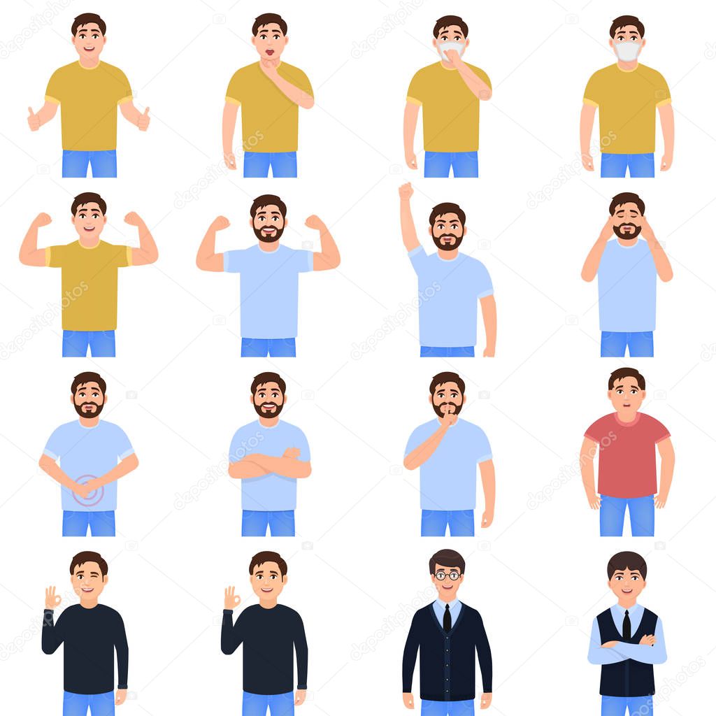 Men avatars icon set, guys with different moods, cartoon characters, people in everyday life vector illustration