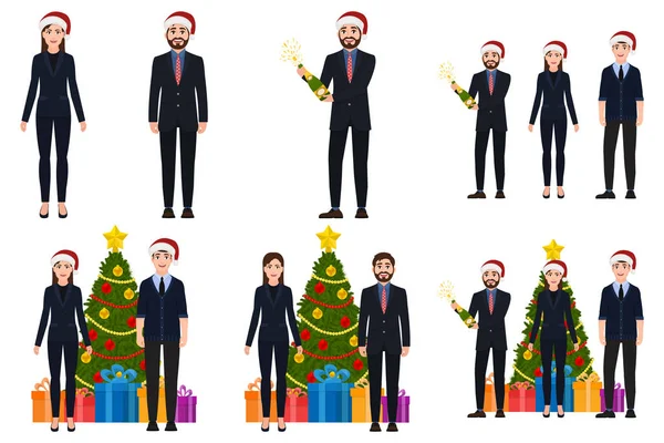 Hombre y mujer de pie cerca de un conjunto de iconos de árbol de Navidad, la gente se divierte y celebrar el Año Nuevo, el chico abre champán, personajes de dibujos animados, ilustración vectorial aislado en el fondo blanco — Vector de stock