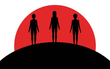 Üç kadın bir tepe, gün batımı, siluet sanat görüntü, vektör illüstrasyon beyaz arka plan izole üzerinde durmak