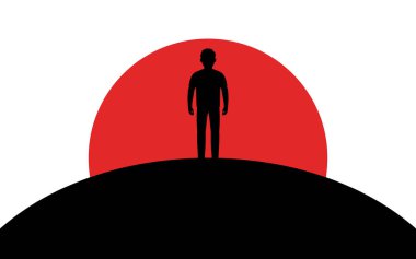 Adam bir tepe, gün batımı, siluet sanat görüntü, vektör illüstrasyon beyaz arka plan izole üzerinde duruyor