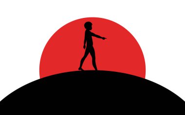 Adam mesafe içine işaret parmağı gösterir, bir adam bir tepe, günbatımı, siluet sanat görüntü, vektör illüstrasyon beyaz arka plan üzerinde izole duruyor