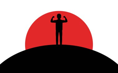 Bir adam pazı gösterir, adam bir tepe, günbatımı, siluet sanat görüntü, vektör illüstrasyon beyaz arka plan üzerinde izole duruyor