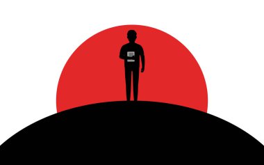 Bir adam bir kitap tutar, bir öğrenci ya da öğrenci bir tepe, siluet sanat görüntü, vektör illüstrasyon beyaz arka plan üzerinde izole duruyor