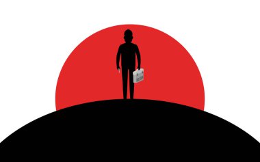 Oluşturucu bir tornavida ve alet kutusu tutuyor, tamirci bir tepe, günbatımı, siluet sanat görüntü, vektör illüstrasyon beyaz arka plan izole üzerinde duruyor