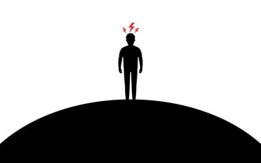 Kızgın adam bir tepeüzerinde duruyor, bir adamın başının üzerinde yıldırım, siluet sanat resmi, vektör illüstrasyon beyaz arka plan üzerinde izole