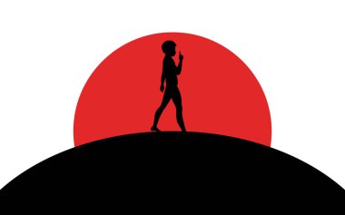 İşaret parmağı yukarı olan adam bir tepe, gün batımı, siluet sanat resmi, vektör illüstrasyon beyaz arka plan üzerinde izole duruyor