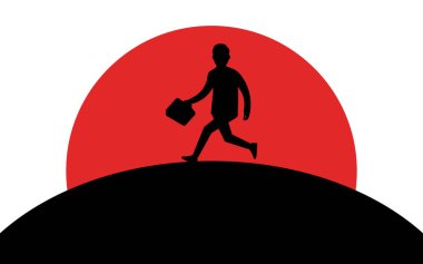 Bir tepe, günbatımı, siluet sanat görüntü, vektör illüstrasyon beyaz arka plan üzerinde izole üzerinde çalışan bir evrak çantası ile Işadamı