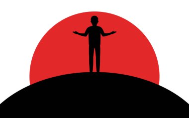 Bir adam omuz silkiyor, bir adam bir tepe, gün batımı, siluet sanat görüntü, vektör illüstrasyon beyaz arka plan üzerinde izole duruyor