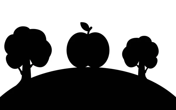 Manzanas y árboles en una colina, imagen de arte de silueta, ilustración vectorial aislada sobre fondo blanco — Vector de stock