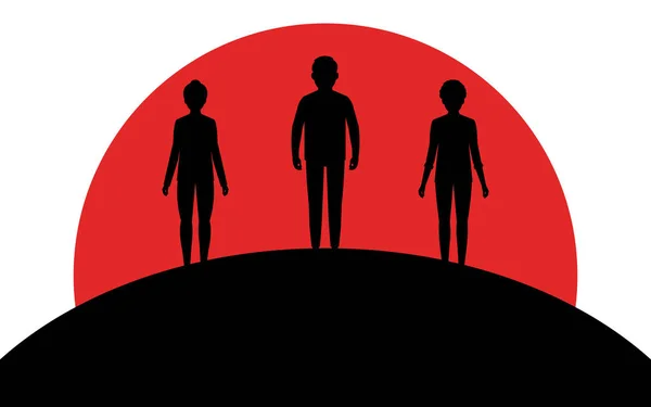 Muž a dvě ženy stojí na kopci, západu slunce, siluetě obrazu, vektorová ilustrace izolovaná na bílém pozadí — Stockový vektor