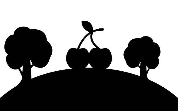 Cseresznye és fák egy dombon, sziluett Art kép, vektor illusztráció elszigetelt fehér háttér — Stock Vector