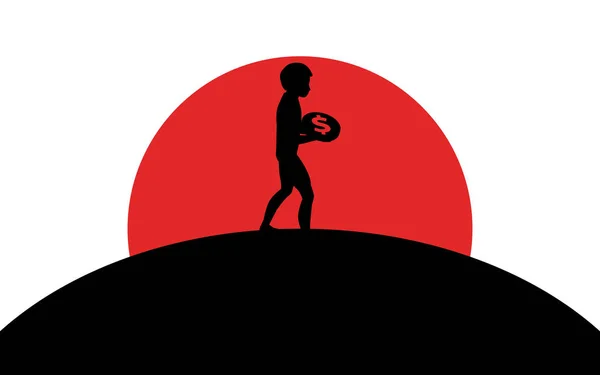 Un hombre sostiene una moneda de un dólar, un hombre se para en una colina, puesta de sol, imagen de arte de silueta, ilustración vectorial aislada sobre fondo blanco — Vector de stock