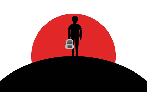 Killen håller en skola ryggsäck, en skolpojke står på en kulle, Silhouette konst bild, vektor illustration isolerad på vit bakgrund — Stock vektor