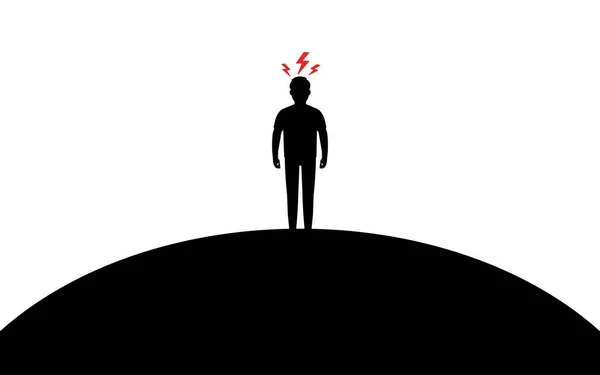 Arg kille står på en kulle, blixten ovanför en mans huvud, Silhouette konst bild, vektor illustration isolerad på vit bakgrund — Stock vektor