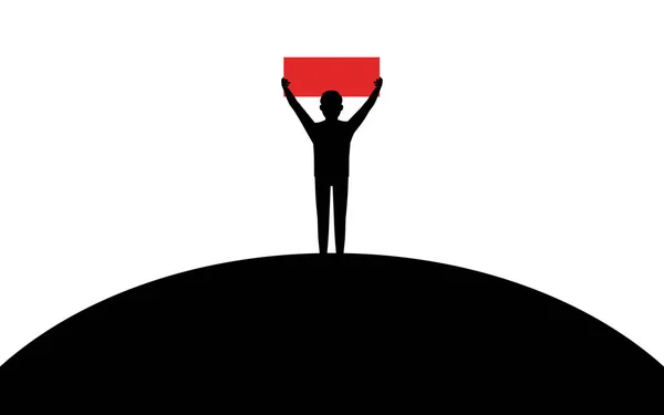 Мужчина стоит на холме и держит красный плакат, изображение силуэта, векторную иллюстрацию на белом фоне — стоковый вектор