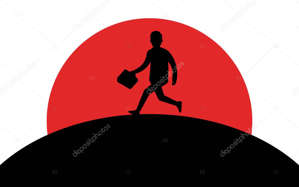 Businessman with a briefcase runs on a hill, sunset, silhouette art image, vector illustration isolated on white background