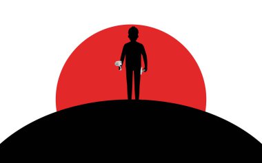 Oluşturucu bir matkap ve bir çekiç tutar, tamirci bir tepe, siluet sanat görüntü, vektör illüstrasyon beyaz arka plan üzerinde izole duruyor