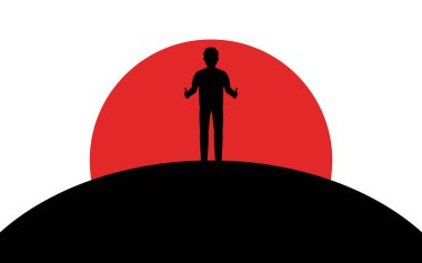 Adam başparmak gösterir, adam bir tepe, günbatımı, siluet sanat görüntü, vektör illüstrasyon beyaz arka plan üzerinde izole duruyor