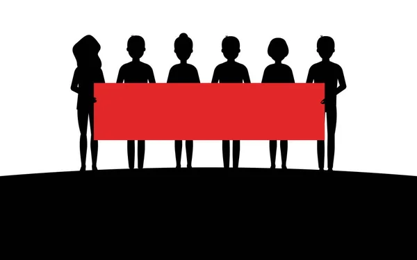 Un groupe de personnes se tient sur une colline et tient une affiche rouge, une image d'art de la silhouette, une illustration vectorielle isolée sur fond blanc — Image vectorielle