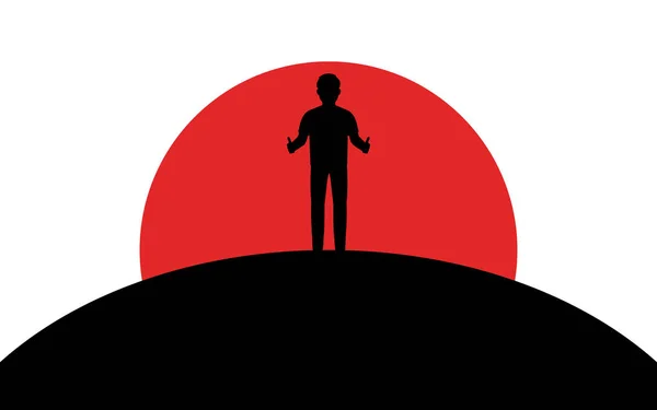 Mann zeigt Daumen nach oben, Mann steht auf einem Hügel, Sonnenuntergang, Silhouette Kunstbild, Vektorillustration isoliert auf weißem Hintergrund — Stockvektor