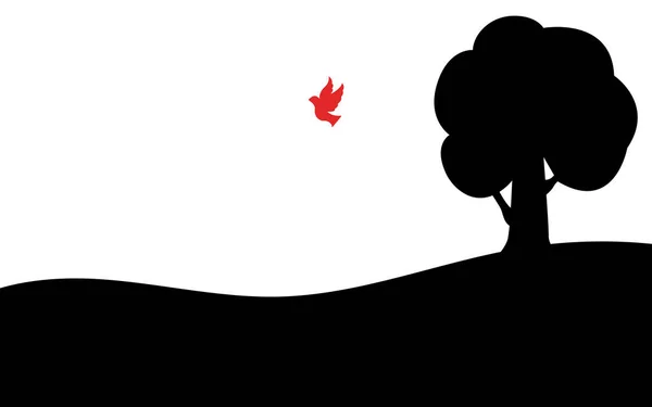 Roter Vogel fliegt von einem Baum weg, Silhouette Kunstbild, Vektorillustration isoliert auf weißem Hintergrund — Stockvektor
