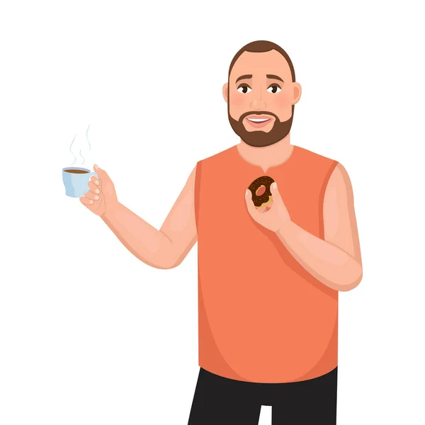 Um homem barbudo em uma mão segura uma caneca de chá ou café, e na segunda mão um donut, um personagem feliz em um estilo de desenho animado . — Vetor de Stock