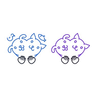 Evcil hayvan için Aşk anahat simgeler, köpek ve kedi beyaz arka plan üzerinde izole insan elleri tarafından düzenlenen bir kalp sembolü şeklinde