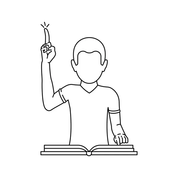 En man läser en bok och gör en gest med pekfingret upp kontur ikon, idé eller svar finns vektor illustration isolerad på vitt, — Stock vektor