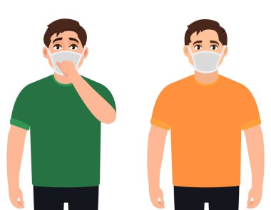 Beyaz arka planda tıbbi maskeli iki adam vektör çizimi yapıyor.