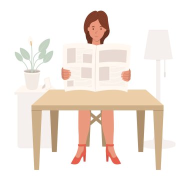 Genç bir kız masaya oturur ve gazete okur, kadın basın ya da dergi düz vektör çizimi okur. Ev mobilyaları ve ev bitkileri. Düz çizgi film vektör çizimi.