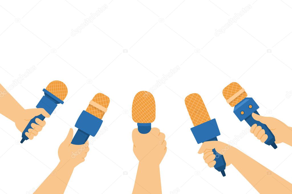 Hands holding microphones vector flat illustration. Journalists and reporters at an interview or press conference.