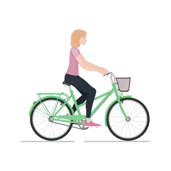 Ung Flicka Rider Cykel Isolerad Vit Bakgrund — Stock vektor