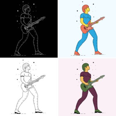 Rock yıldızı gitar çalıyor. Müzisyen vintage vektör çizimi