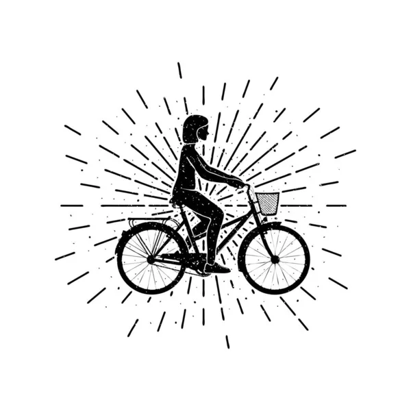 Flicka Rider Cykel Med Solstrålar Grunge Vintage Vektor Illustration — Stock vektor