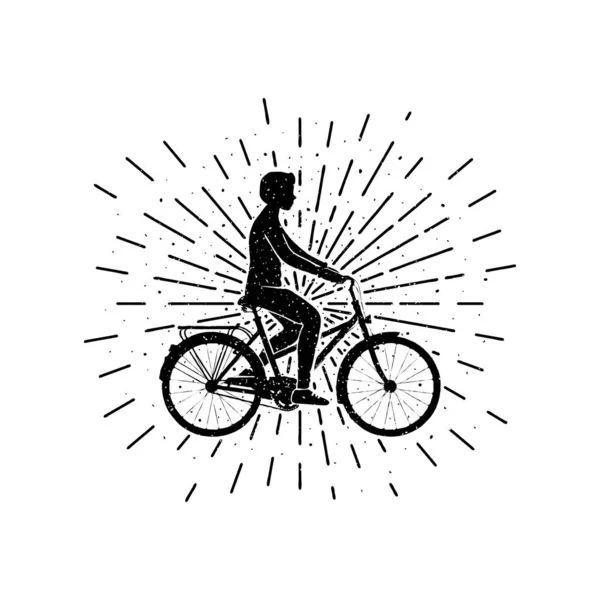Guy Rider Cykel Med Solstrålar Grunge Vintage Vektor Illustration — Stock vektor