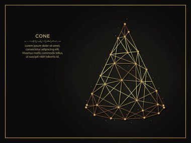 Koyu arkaplanda koni altın soyut çizimi. Çizgiler ve noktalardan yapılmış geometrik şekilli çokgen şablon.